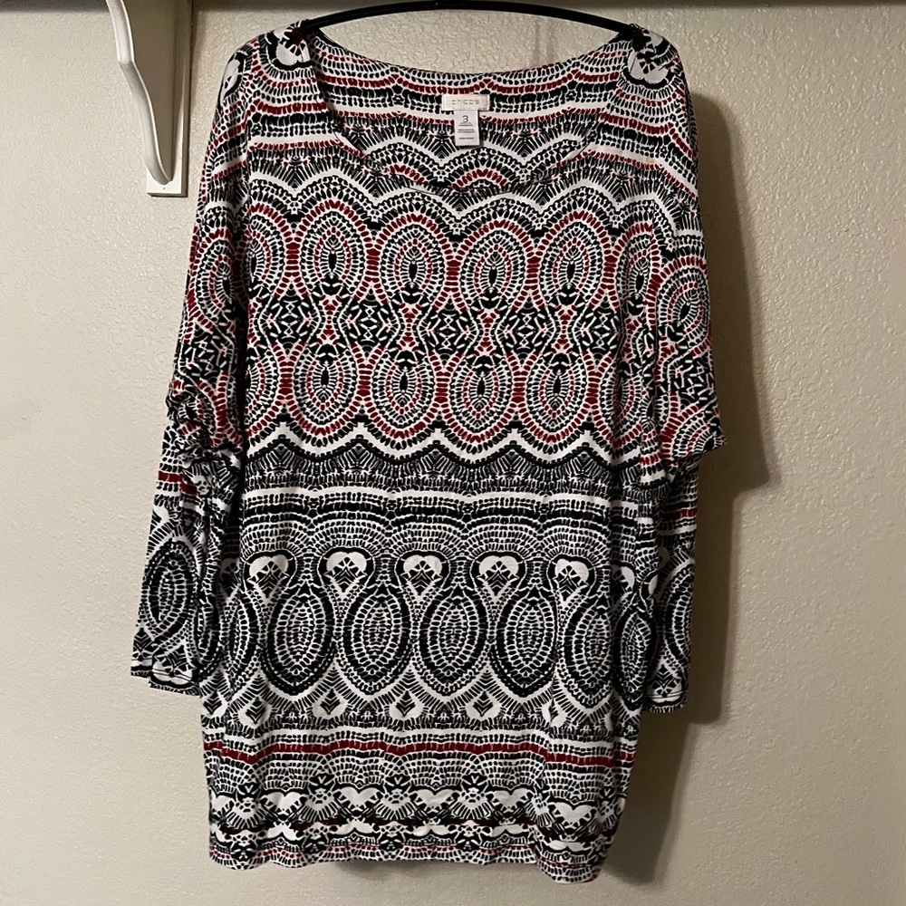 Women's Chico's Red Black White 3/4-Long Sleeve Shirt Top.